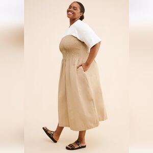 Anthropologie NWOT Maeve Lilou Twofer Midi Dress Tan & White Smocked, Size 2X